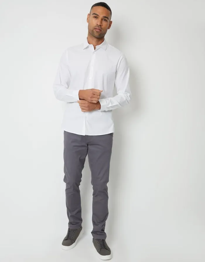 Men White Stretch Cotton Poplin Slim Fit Long Sleeve Shirt Threadbare Shirts