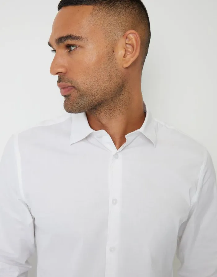Men White Stretch Cotton Poplin Slim Fit Long Sleeve Shirt Threadbare Shirts