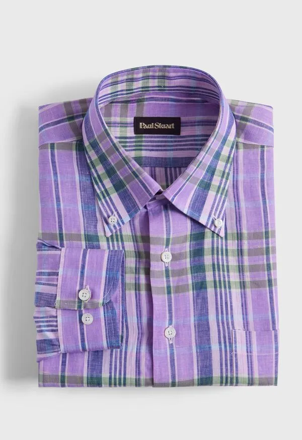 Mens Sport Shirts Paulstuart Linen Plaid Sport Shirt PinkGreen