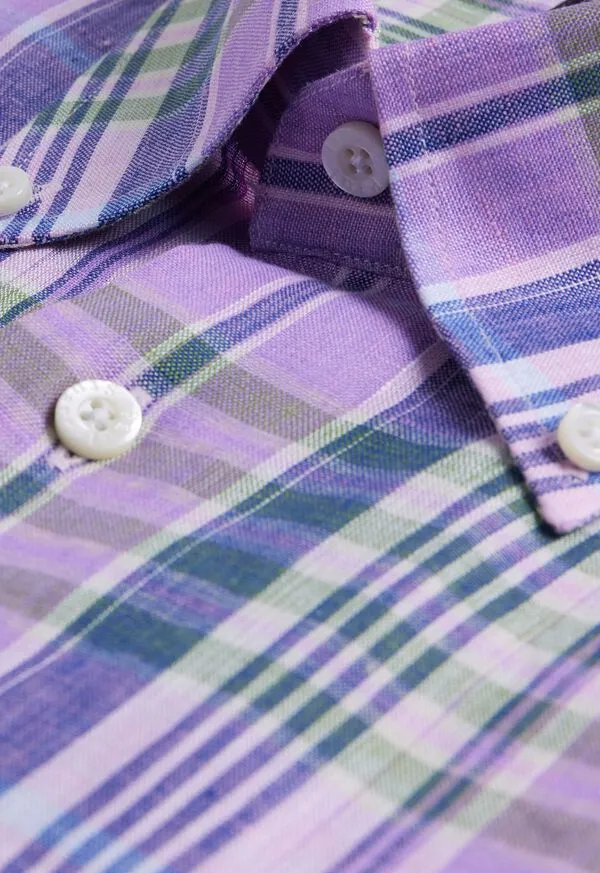 Mens Sport Shirts Paulstuart Linen Plaid Sport Shirt PinkGreen Mens Sport Shirts Paulstuart Linen Plaid Sport Shirt PinkGreen