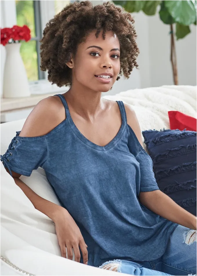 Mineral Wash LaceUp Top Blue Women VENUS Tops
