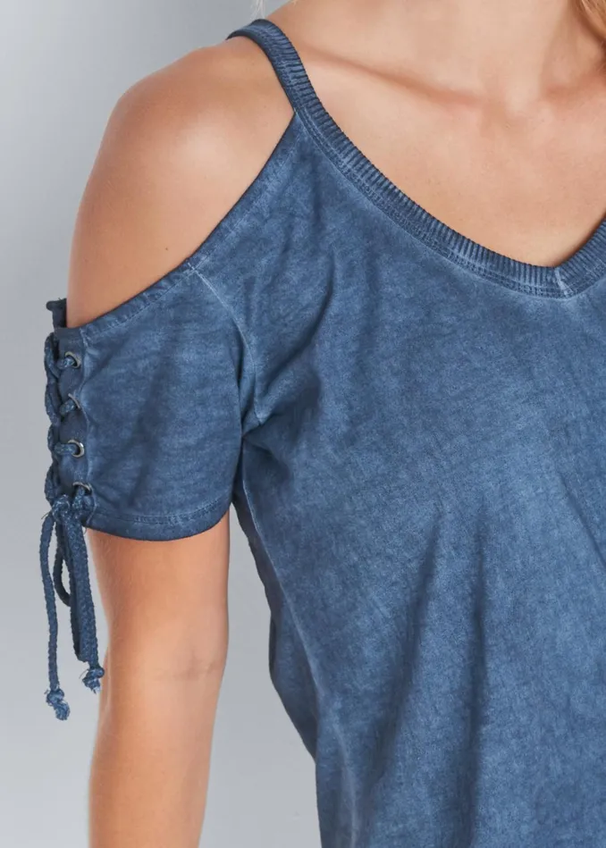 Mineral Wash LaceUp Top Blue Women VENUS Tops
