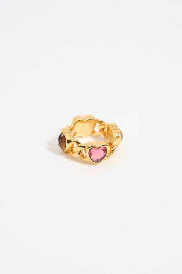 Multicolor Heart Crystals And Chain Ring Gold Women Bimba Y Lola Jewelry