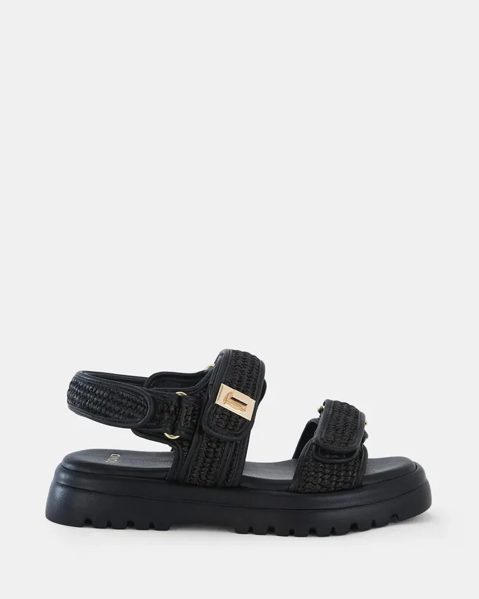 NOVO Shoes TOBIAS BLACK RAFFIA Strappy Sandals Women Flat Sandals