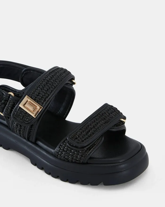 NOVO Shoes TOBIAS BLACK RAFFIA Strappy Sandals Women Flat Sandals