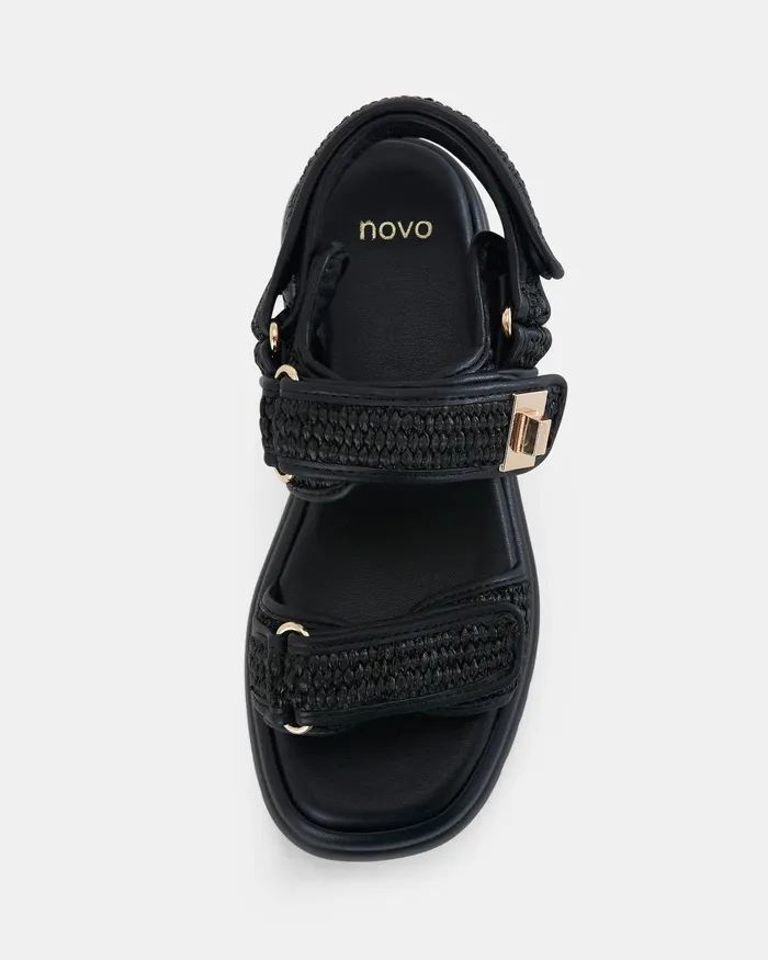 NOVO Shoes TOBIAS BLACK RAFFIA Strappy Sandals Women Flat Sandals