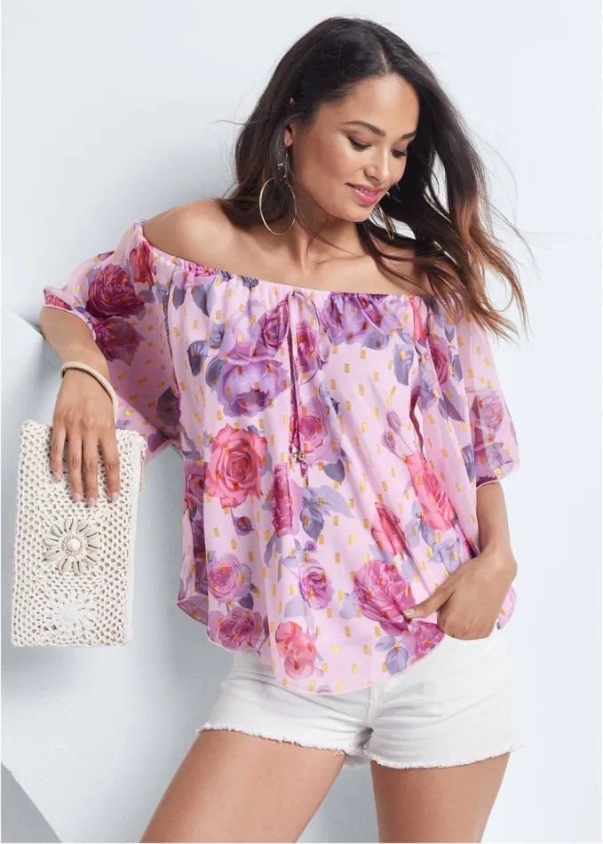 OffTheShoulder Floral Top Light Pink Multi Women VENUS Night Out Tops