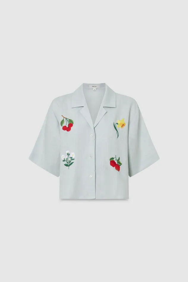 Oroton Embroidered Flower Camp Shirt Eau De Nil Women Tops