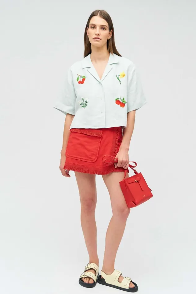 Oroton Embroidered Flower Camp Shirt Eau De Nil Women Tops