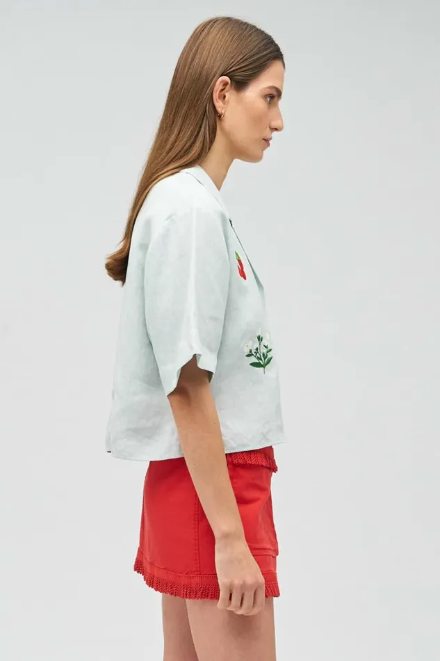 Oroton Embroidered Flower Camp Shirt Eau De Nil Women Tops