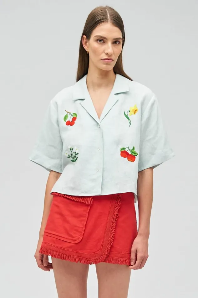 Oroton Embroidered Flower Camp Shirt Eau De Nil Women Tops
