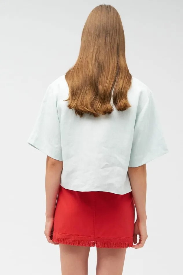 Oroton Embroidered Flower Camp Shirt Eau De Nil Women Tops