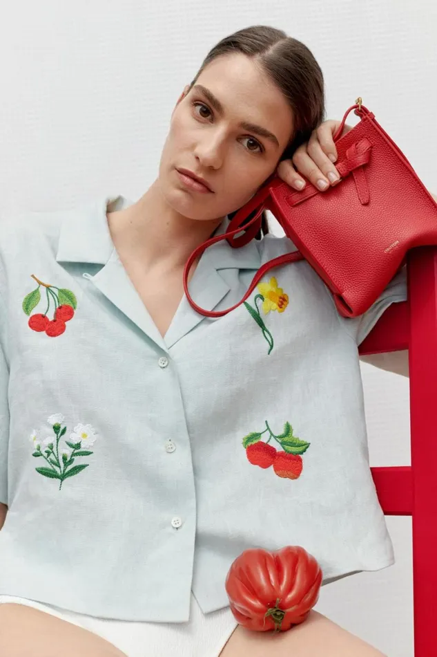 Oroton Embroidered Flower Camp Shirt Eau De Nil Women Tops