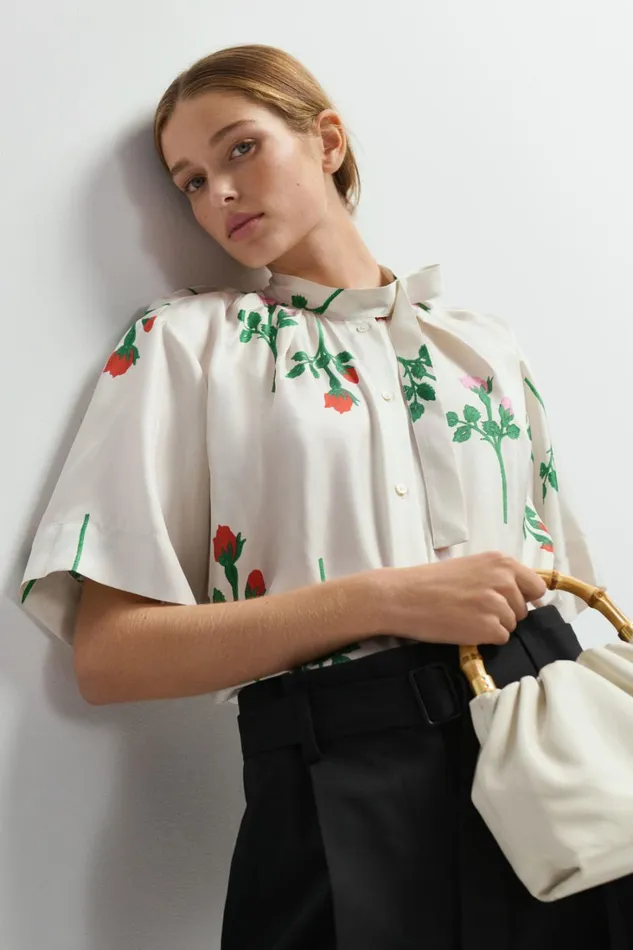 Oroton Rosebud Tie Neck Blouse Antique White Women Tops Oroton Rosebud Tie Neck Blouse Antique White Women Tops