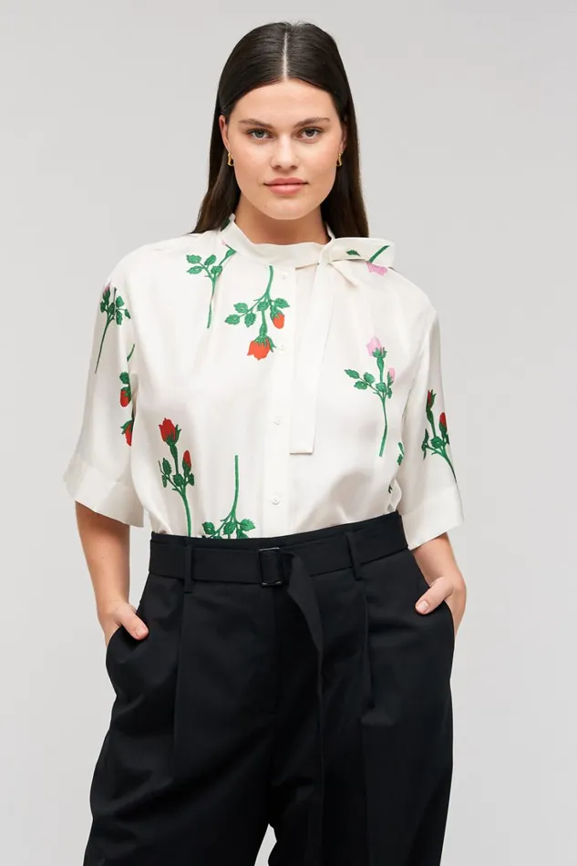 Oroton Rosebud Tie Neck Blouse Antique White Women Tops Oroton Rosebud Tie Neck Blouse Antique White Women Tops