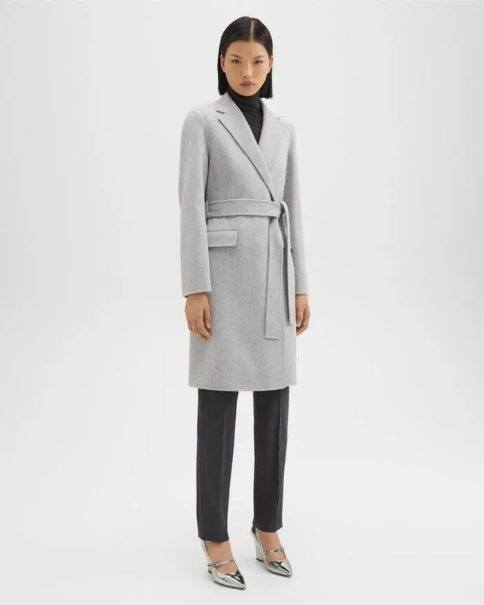 Outerwear Women Theory Wrap Coat In DoubleFace WoolCashmere Melange Grey
