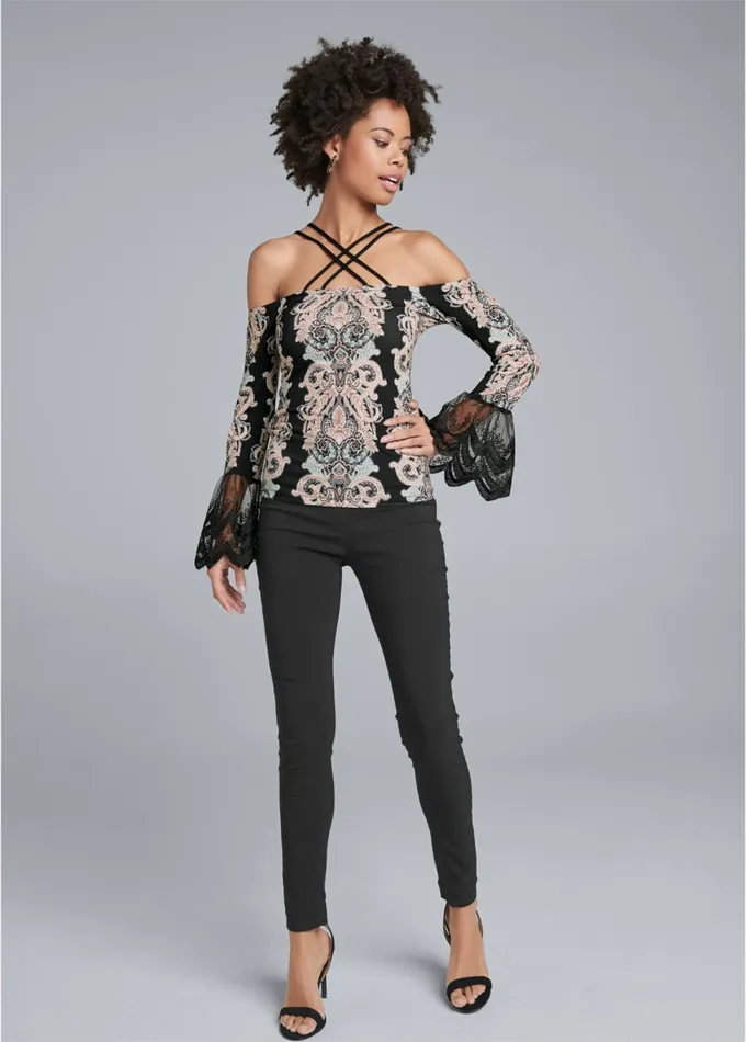 PAISLEY LACE SLEEVE TOP Black Multi Women VENUS Night Out Tops