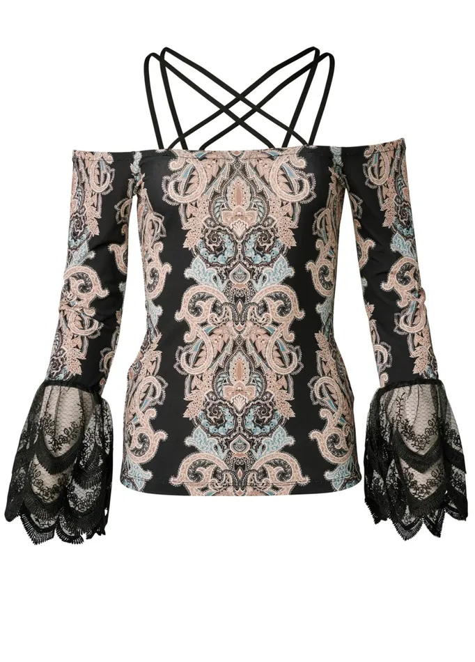 PAISLEY LACE SLEEVE TOP Black Multi Women VENUS Night Out Tops