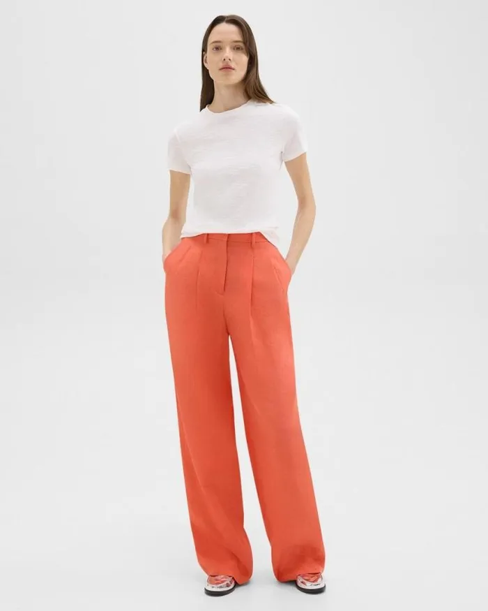 Pants Women Theory Double Pleat Pant In Galena Linen Bright Coral