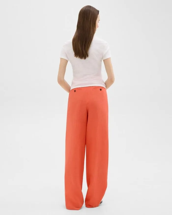 Pants Women Theory Double Pleat Pant In Galena Linen Bright Coral
