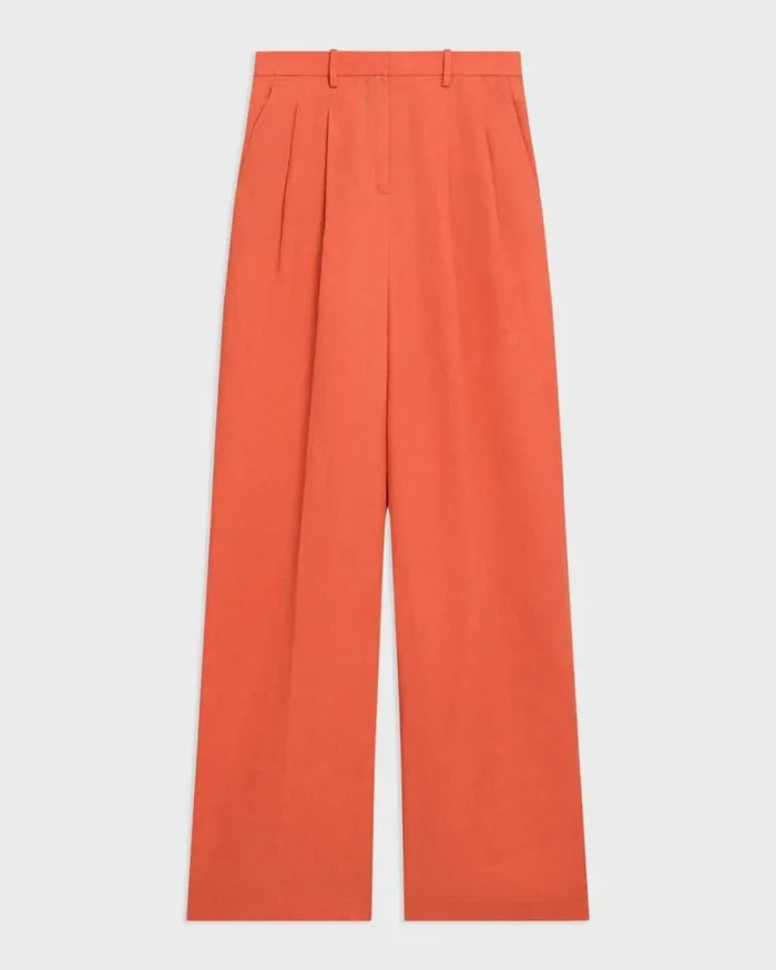 Pants Women Theory Double Pleat Pant In Galena Linen Bright Coral
