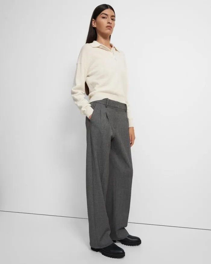 Pants Women Theory Pleated WideLeg Pant In Soft Twill Light Charcoal