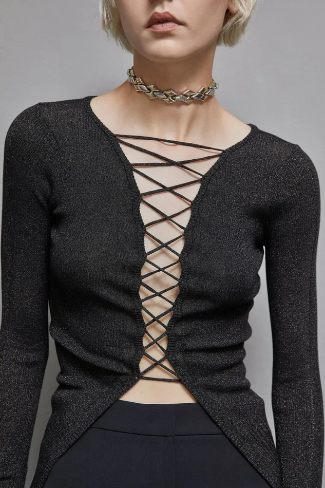 Patrizia Pepe Knitwear Essential Lurex Ribbed Cardigan Black 8211 Women