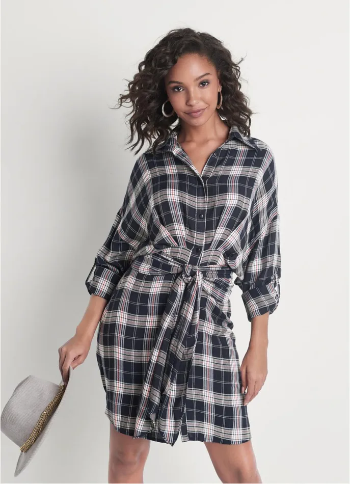 PLAID BUTTON DOWN DRESS Navy Multi Women VENUS Sundresses