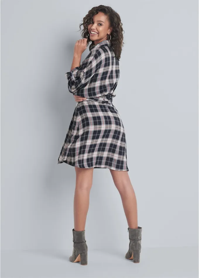 PLAID BUTTON DOWN DRESS Navy Multi Women VENUS Sundresses
