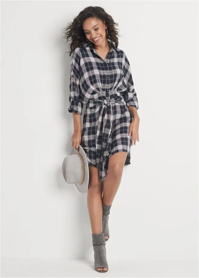PLAID BUTTON DOWN DRESS Navy Multi Women VENUS Sundresses
