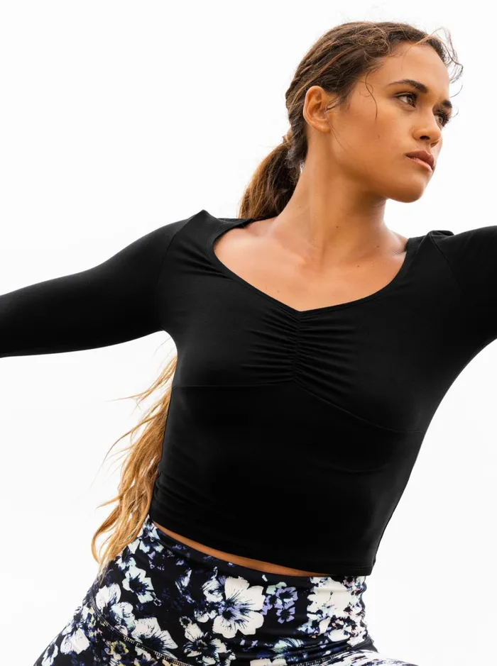 Roxy Tops Flirty Run Ruched Long Sleeve Sports Top Anthracite 8211 Women