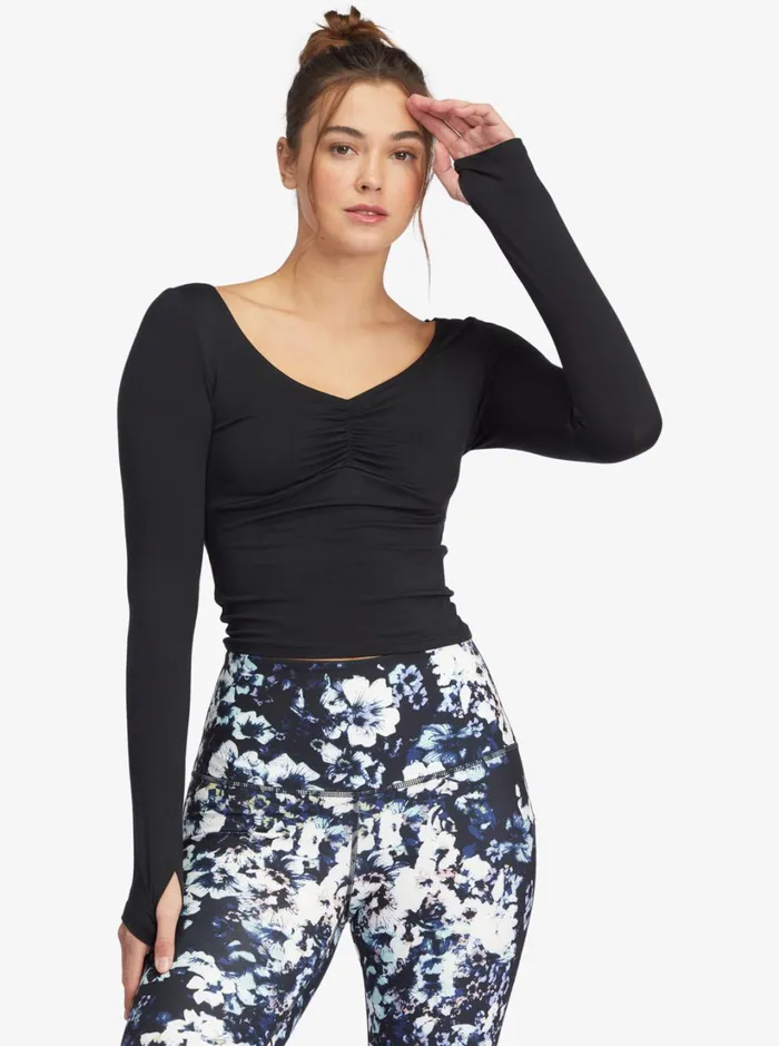 Roxy Tops Flirty Run Ruched Long Sleeve Sports Top Anthracite 8211 Women