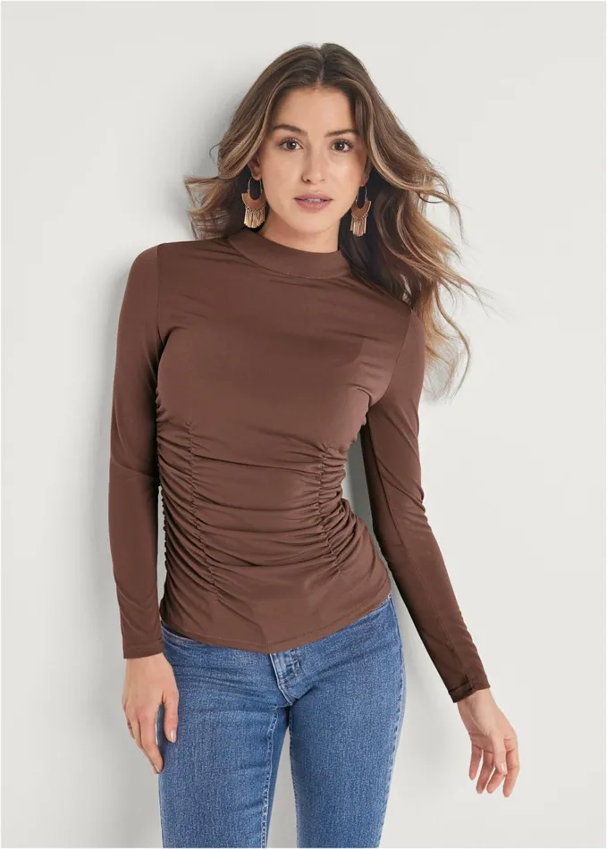 Ruched Mockneck Fitted Top Brown Women VENUS Venus Basics Tops