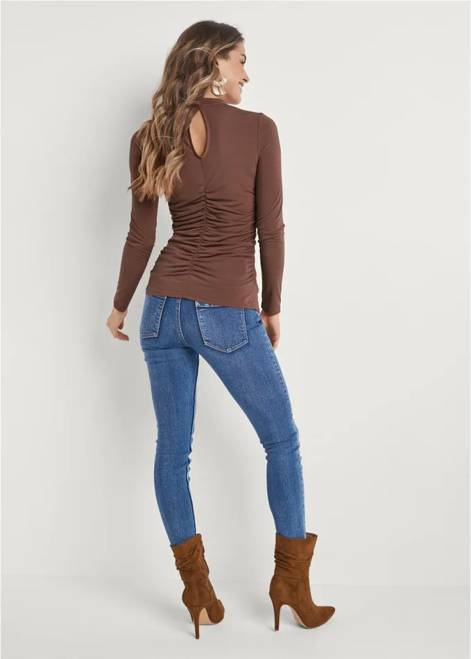 Ruched Mockneck Fitted Top Brown Women VENUS Venus Basics Tops