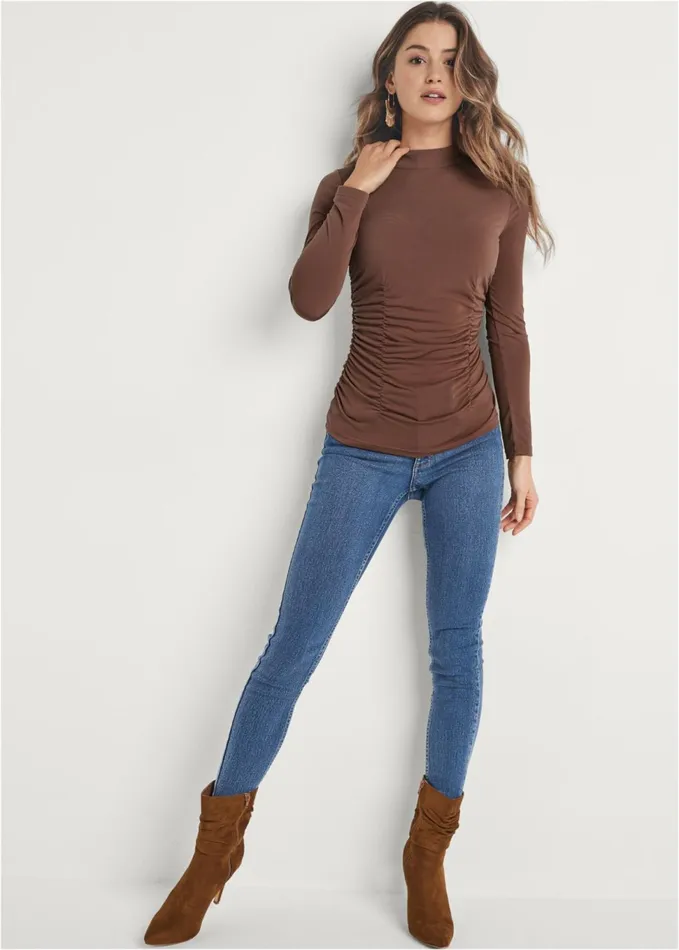 Ruched Mockneck Fitted Top Brown Women VENUS Venus Basics Tops