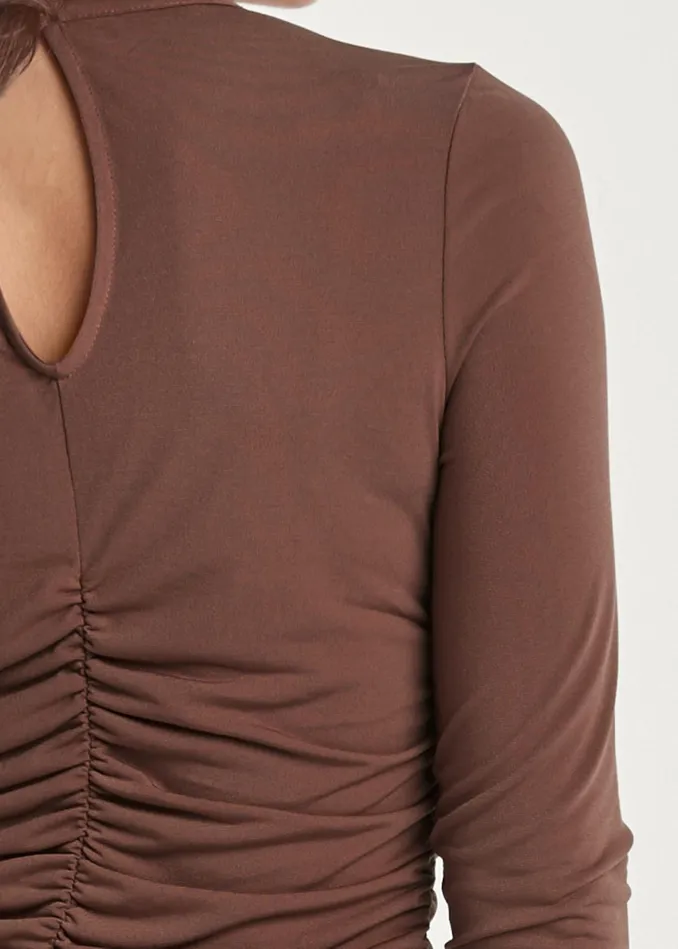 Ruched Mockneck Fitted Top Brown Women VENUS Venus Basics Tops