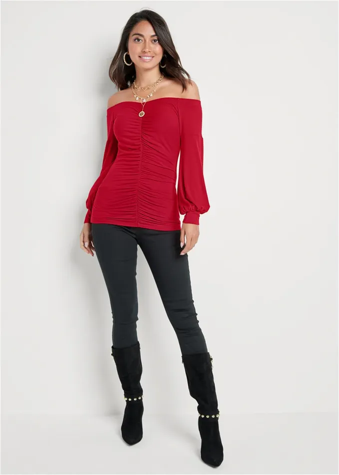 Ruched OfftheShoulder Top Red Women VENUS Night Out Tops