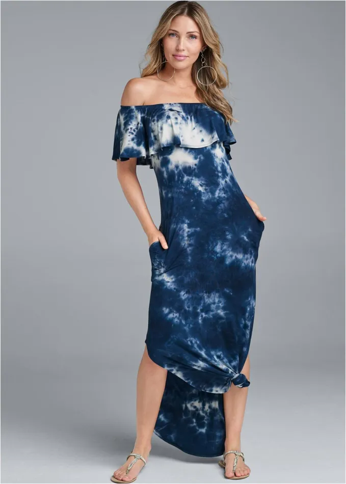 RUFFLE DETAIL MAXI DRESS Navy Multi Women VENUS Sundresses