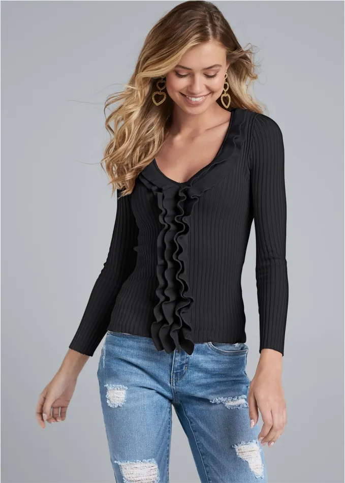 RUFFLE FRONT RIBBED SWEATER Black Women VENUS Sexy Sweaters