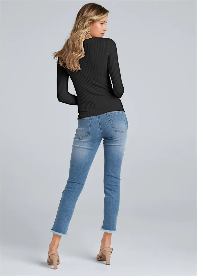 RUFFLE FRONT RIBBED SWEATER Black Women VENUS Sexy Sweaters RUFFLE FRONT RIBBED SWEATER Black Women VENUS Sexy Sweaters