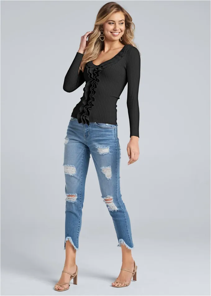 RUFFLE FRONT RIBBED SWEATER Black Women VENUS Sexy Sweaters RUFFLE FRONT RIBBED SWEATER Black Women VENUS Sexy Sweaters