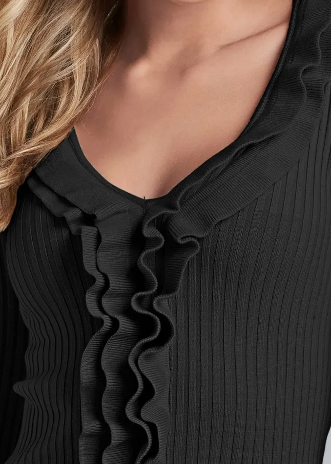 RUFFLE FRONT RIBBED SWEATER Black Women VENUS Sexy Sweaters RUFFLE FRONT RIBBED SWEATER Black Women VENUS Sexy Sweaters