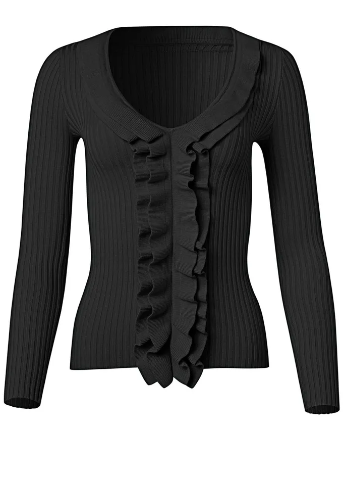 RUFFLE FRONT RIBBED SWEATER Black Women VENUS Sexy Sweaters RUFFLE FRONT RIBBED SWEATER Black Women VENUS Sexy Sweaters