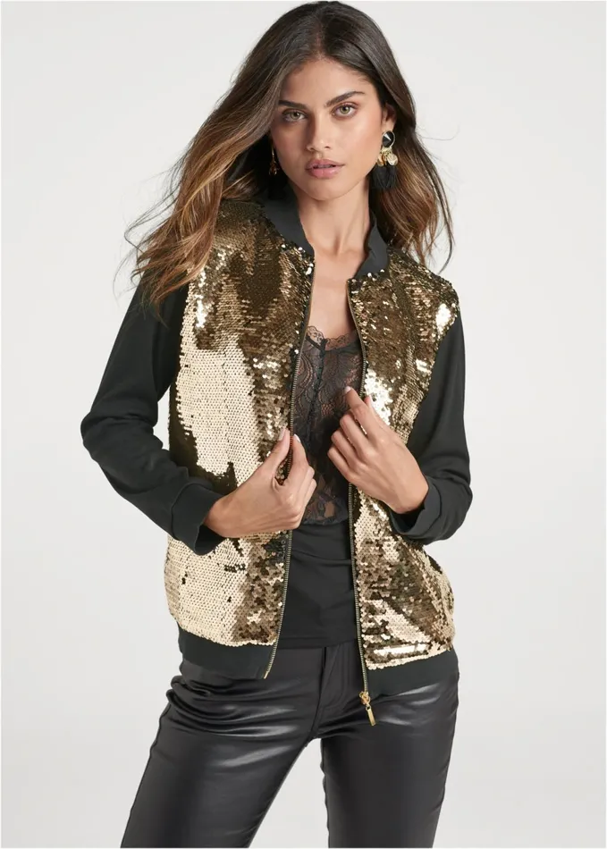 SEQUIN BOMBER JACKET Black and Gold Women VENUS Jackets