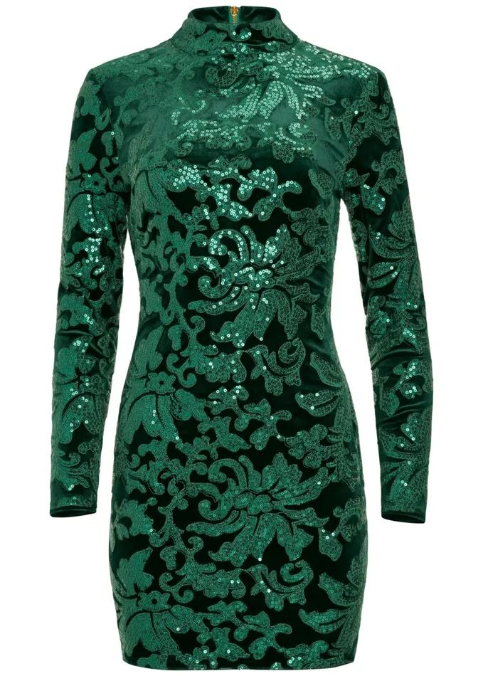 SEQUIN DETAIL VELVET DRESS Dark Green Women VENUS Short Dresses