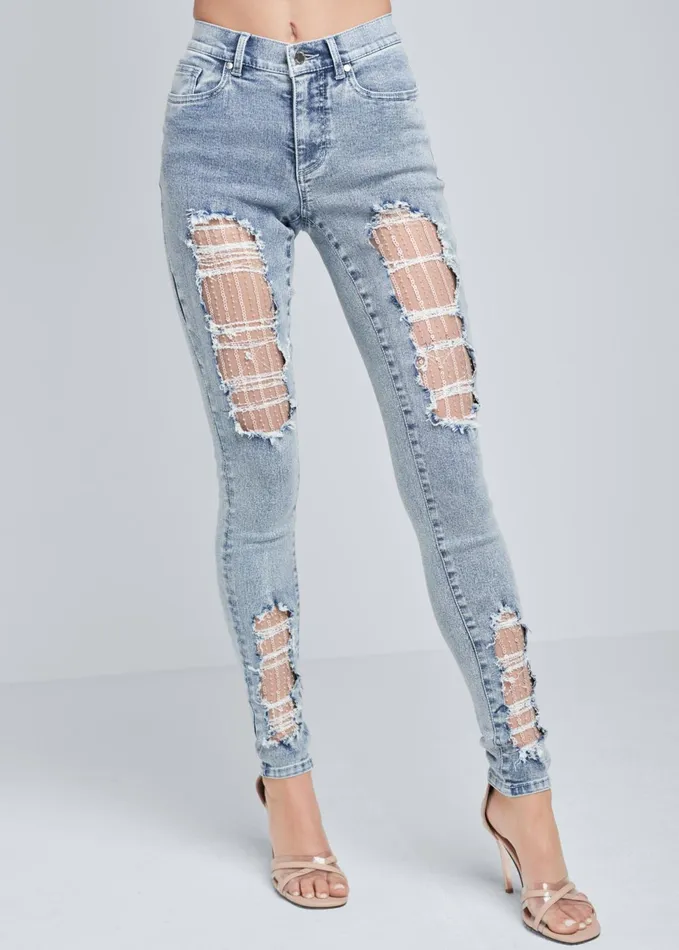 SEQUIN MESH DETAIL JEANS Light Wash Women VENUS Novelty Jeans