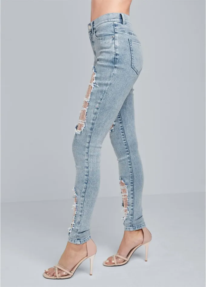SEQUIN MESH DETAIL JEANS Light Wash Women VENUS Novelty Jeans