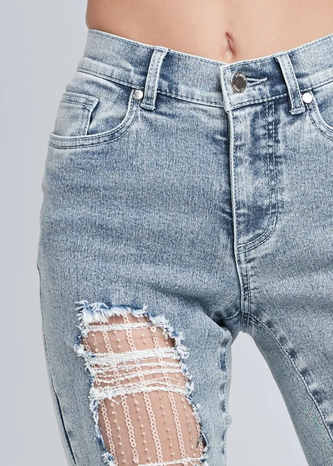 SEQUIN MESH DETAIL JEANS Light Wash Women VENUS Novelty Jeans