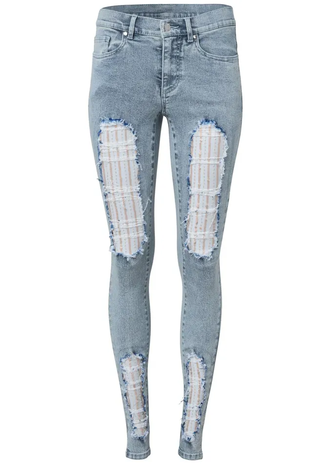 SEQUIN MESH DETAIL JEANS Light Wash Women VENUS Novelty Jeans