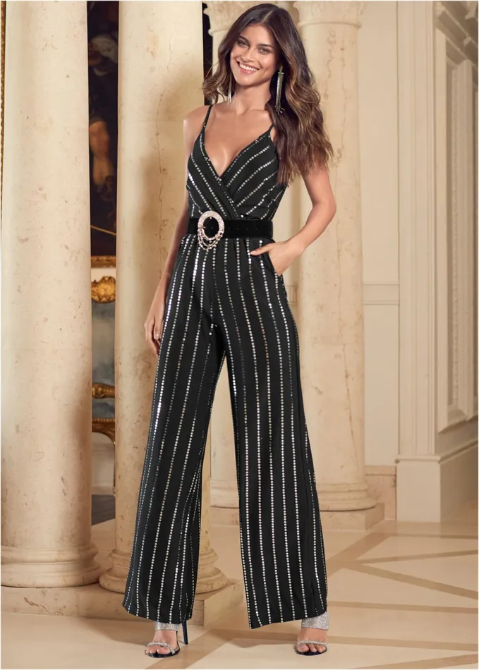 SEQUIN PINSTRIPE JUMPSUIT Black Women VENUS Occasion Jumpsuits and Rompers
